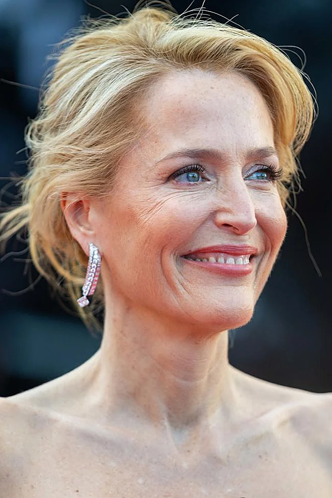 Gillian Anderson avec un chignon et des mèches lâches.