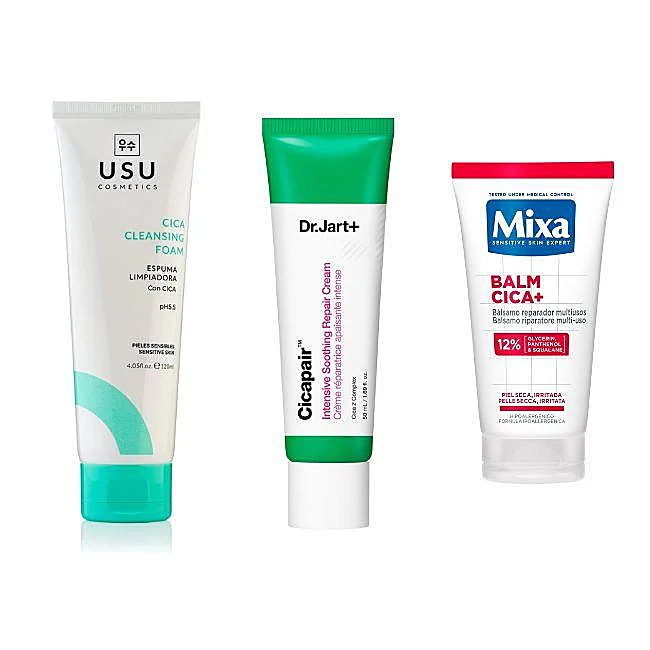 Mousse Nettoyante au CICA pH 5,5 d'USU Cosmetics (18,30 euros), Crème Réparatrice Apaisante Intensive Cicapair de Dr.Jart+ (47,99 euros) et Baume Cica+ de Mixa (5,99 euros).