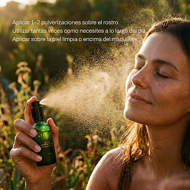 La Brume Botanique Active d'Ateliest est une essence qui hydrate, renforce le microbiote cutané et réduit l'impact du stress, tant physiologique que perceptuel (125 euros).