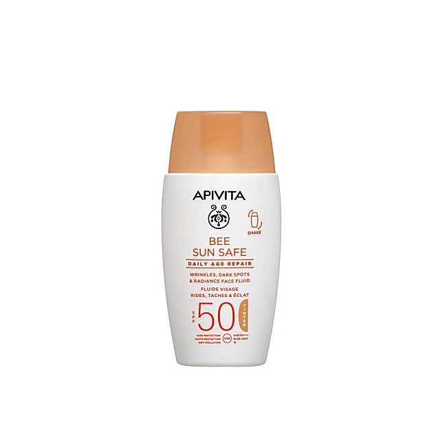 Bee Sun Safe Anti-Aging Repair avec Color SPF50 d'Apivita.