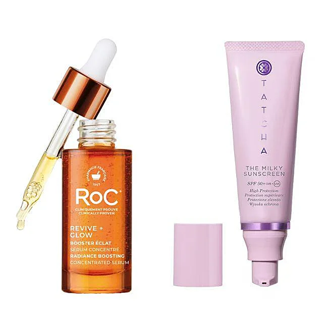 Le sérum Revive + Glow de RoC (39,90 euros) et The Milky Sunscreen de Tatcha (55 euros).