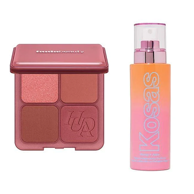 Le blush poudre Huda Beauty (43 euros) et le sérum spray Kosas (49 euros).