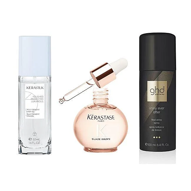 Huile capillaire multi-bénéfices de Kerasilk, Glaze Drops de Kerastase et Shiny Ever After de ghd.